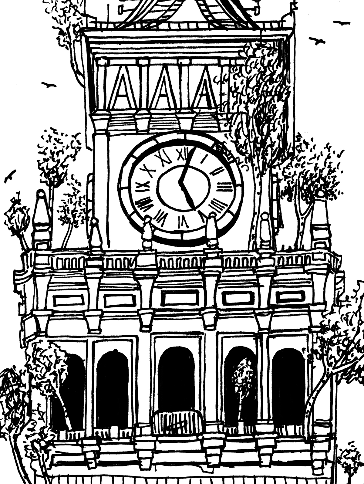 Zbliżenie na taras widokowy i zegar Pałacu Kultury i Nauki. Różne poziomy tarasu porastają liczne brzozy