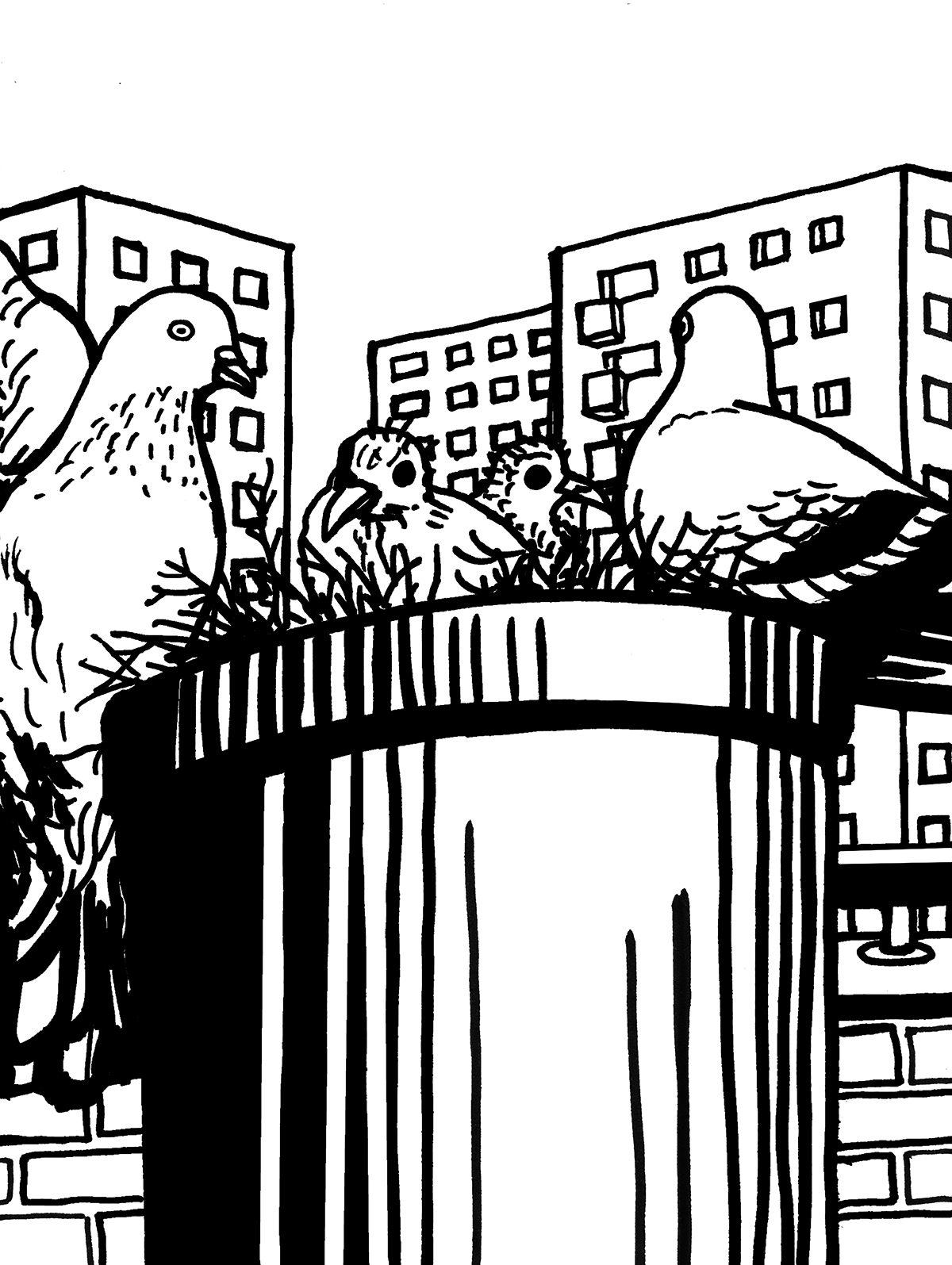 Dwa nieopierzone pisklęta siedzą w gnieździe uwitym w balkonowej doniczce, otoczone przez swoich gołębich rodziców. W tle bloki mieszkalne.