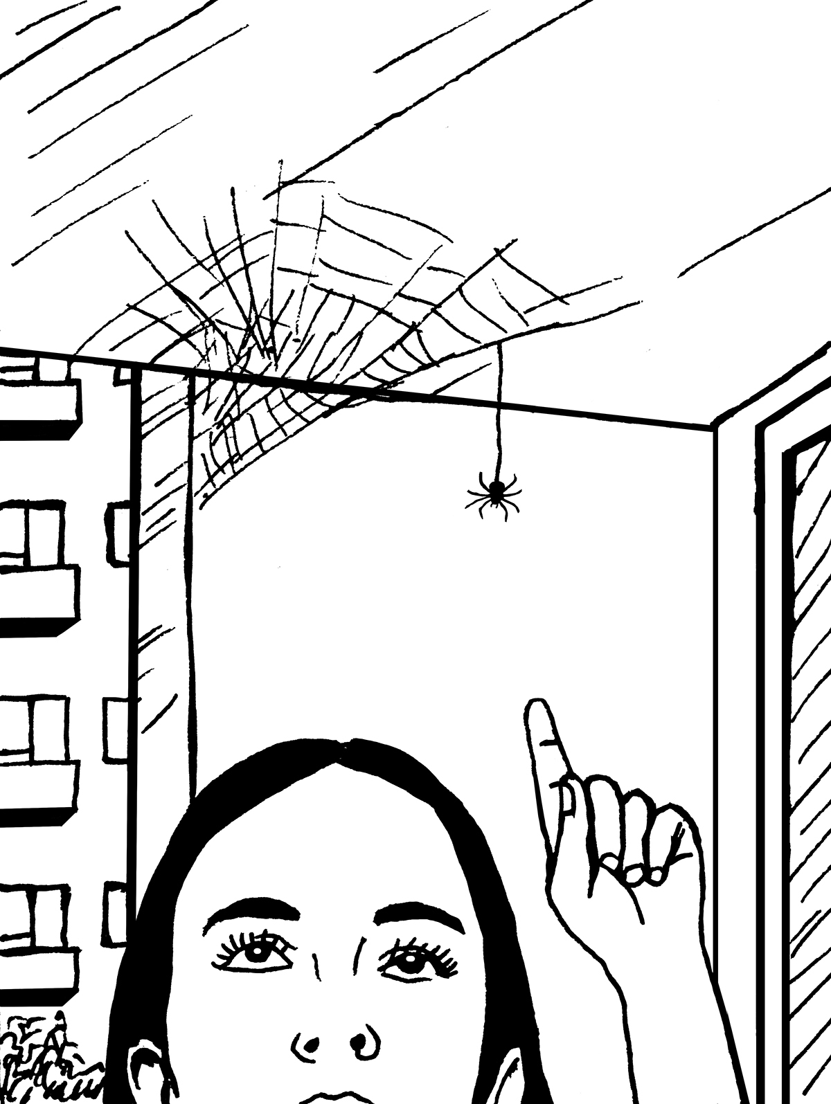 Na pierwszym planie twarz dziewczyny i jej wyciągnięta w górę dłoń. Dziewczyna palcem wskazujacym wskazuje na zwisającego nad jej głową pająka. Pająk zwisa z uplecionej pod sufitem pajęczyny.