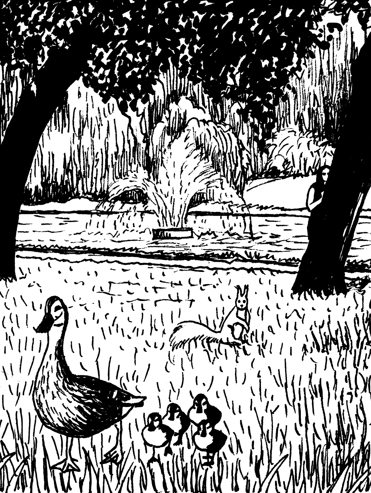 Na parkowym trawniku wiewiórka obserwuje kaczkę i jej cztery pisklęta. W tle widoczna skryta za drzewem kobieta, która obserwuje zwierzęta, oraz staw z tryskającą wodą otoczony bujnymi drzewami. 
